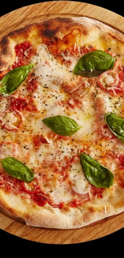 Top view of a Margherita pizza with basil on a wooden board.