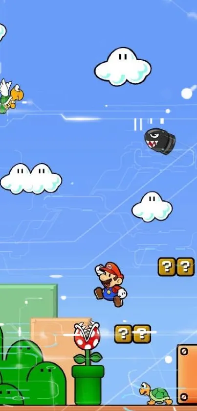 Mario jumping in a colorful game scene with clouds and blocks.