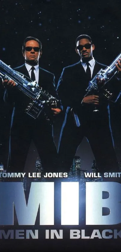 Men in Black movie poster with main characters holding weapons.
