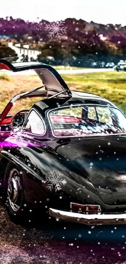 Classic black Mercedes car with gullwing doors in a scenic outdoor area.