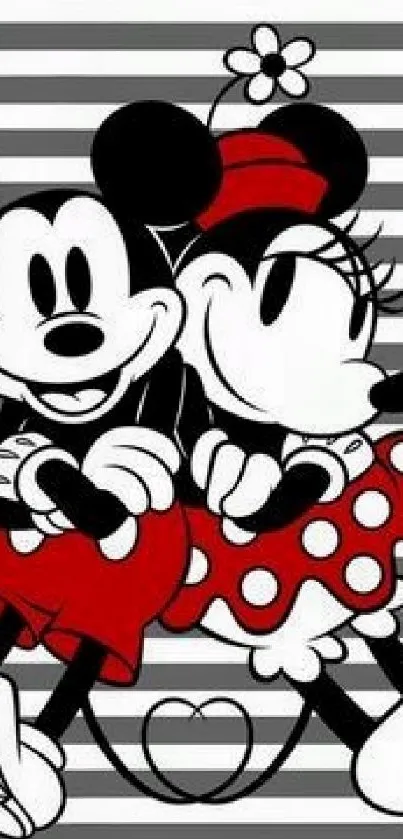 Mickey and Minnie Mouse on a striped background in black, white, and red.