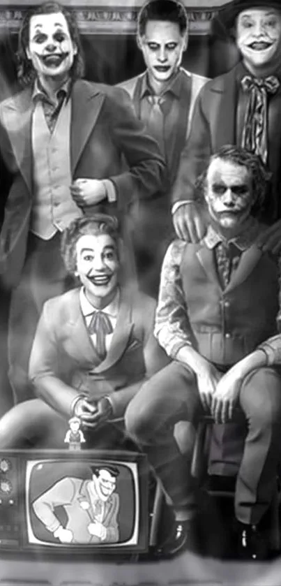 Monochrome Joker group wallpaper featuring iconic characters.