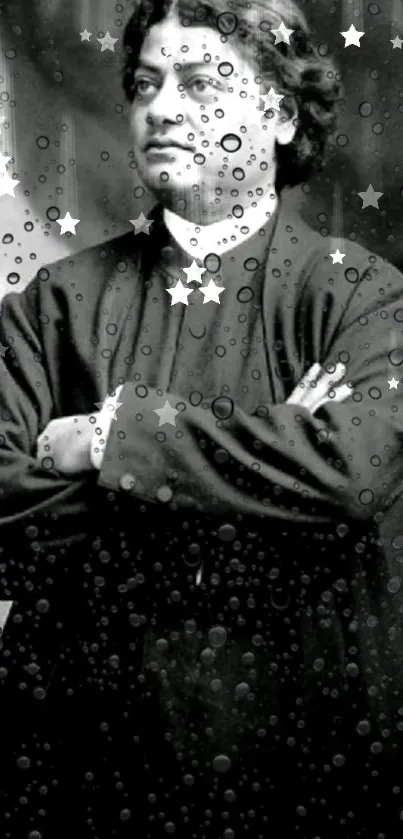 Classic monochrome portrait with star and bubble overlay.