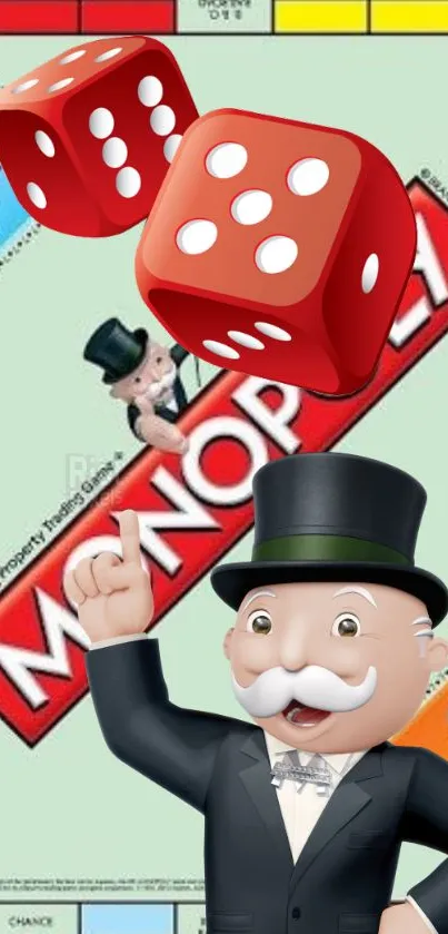 Monopoly board wallpaper with Mr. Monopoly and red dice.