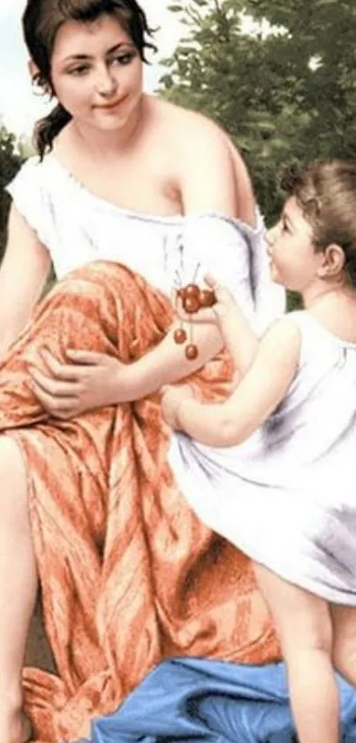 Vintage art featuring mother and child by a scenic river.