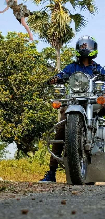 Motorcycle rider with a scenic green backdrop, perfect for biking enthusiasts.