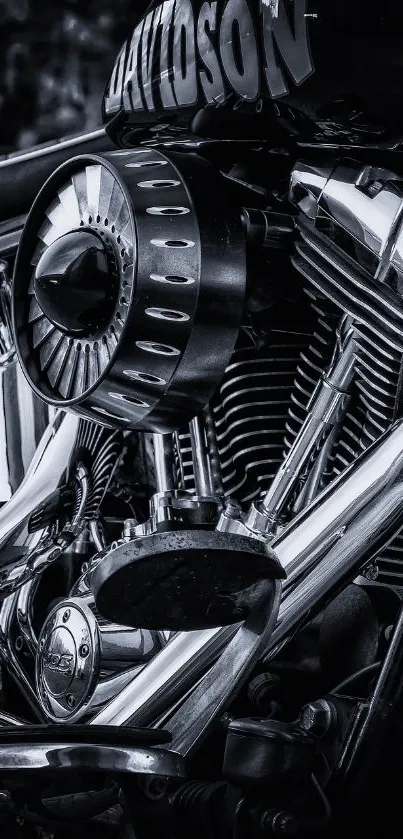 Black and chrome motorcycle engine artwork.