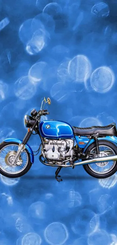 Classic blue motorcycle on a blue bubble background.