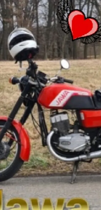 Classic red Jawa 350 motorcycle with a sidecar in a scenic backdrop.