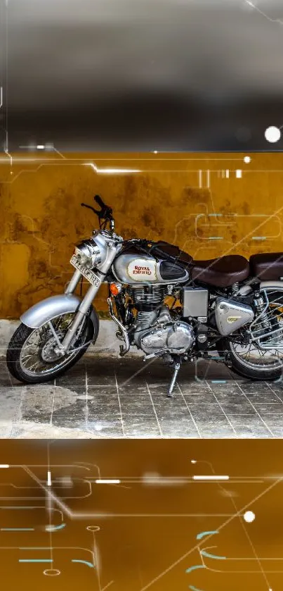 Vintage motorcycle with tech background wallpaper in brown tones.