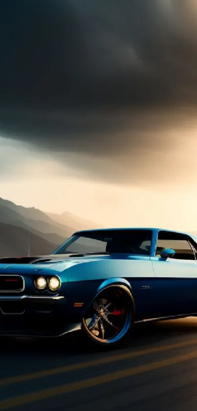 Classic muscle car driving at sunset on an open road.