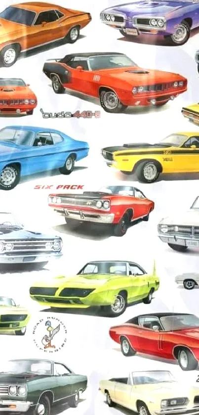 Collage of colorful classic muscle cars for mobile wallpaper.