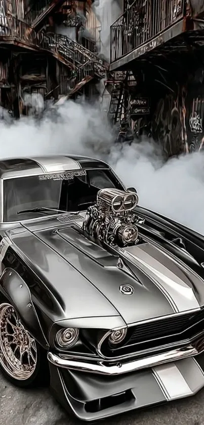 Classic muscle car emits smoke in urban setting.