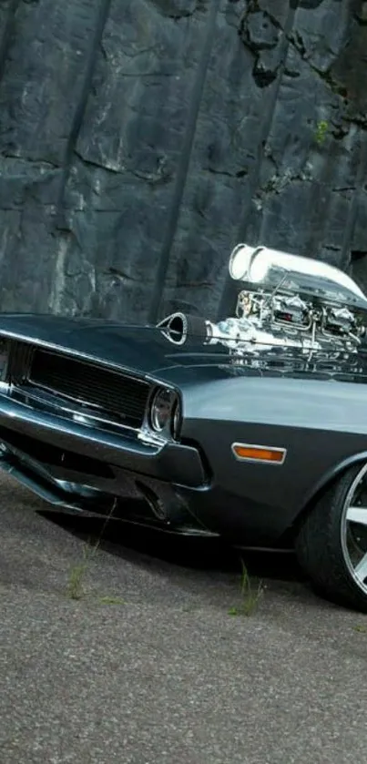 Classic muscle car with powerful engine on display.