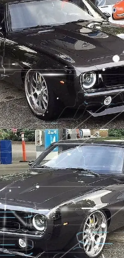 Classic black muscle car at gas station displayed on phone wallpaper.