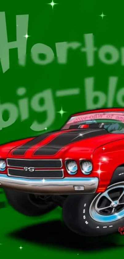 Red muscle car with black stripes on a green background.