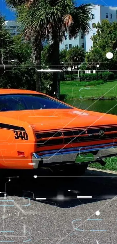 Bright orange classic muscle car on a sunny urban street.