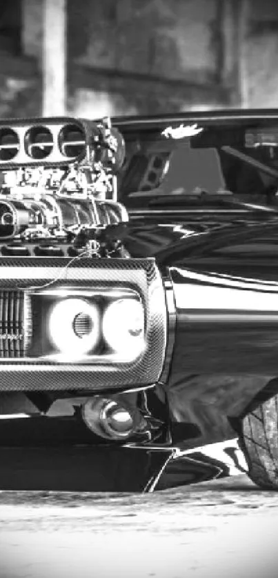 Classic black muscle car with chrome details in a moody garage setting.