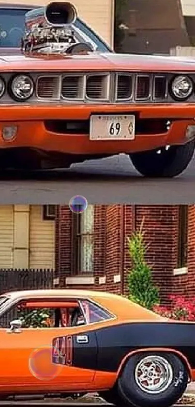 Vintage orange muscle car on urban streets.