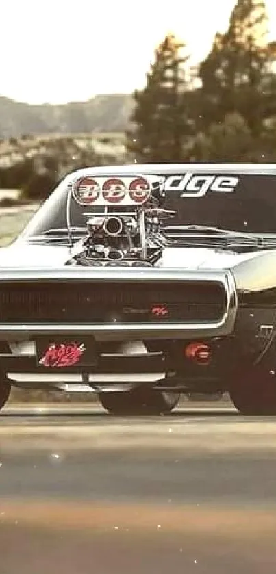 Dodge Charger muscle car with scenic backdrop.