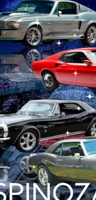 Classic muscle cars against a cosmic blue background, perfect for auto enthusiasts.