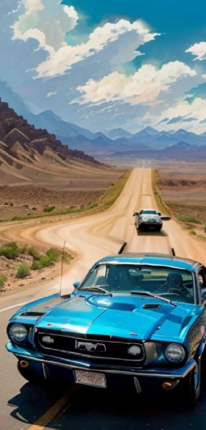 Blue Mustang on desert highway under a vibrant sky.