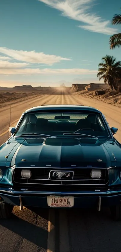 Classic blue Mustang driving through desert road at sunset with palm trees.