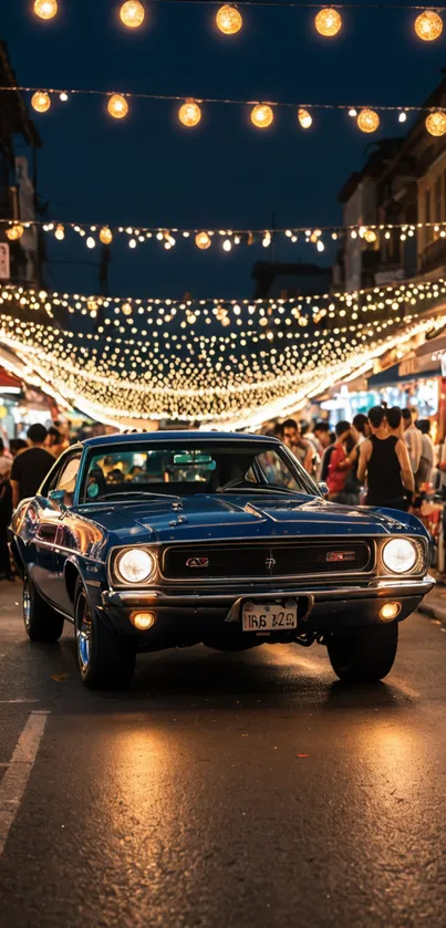 Classic blue Mustang under festive street lights.