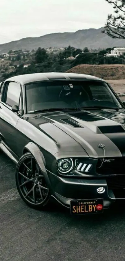 Classic black Ford Mustang on scenic road.