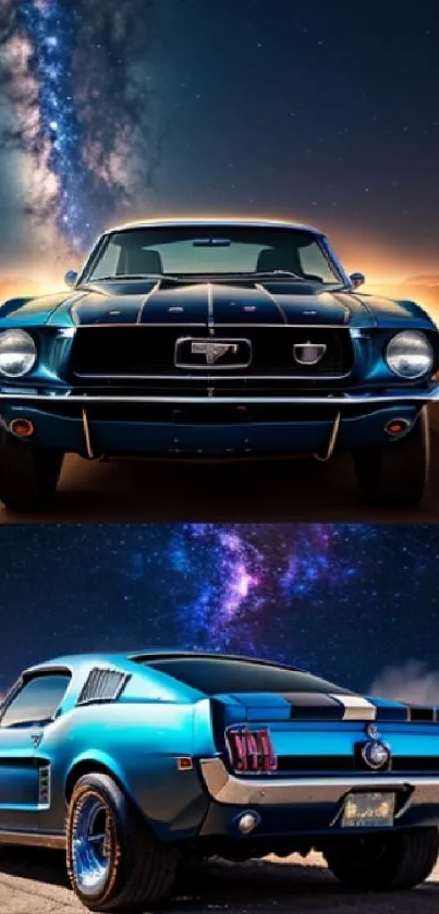 Classic Mustang under starry night sky in desert landscape.