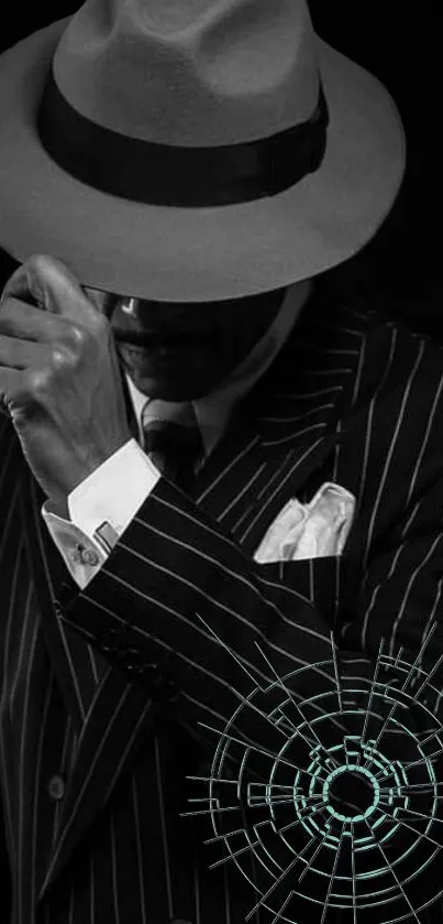 Mysterious gangster in pinstriped suit and hat with shattered effect.