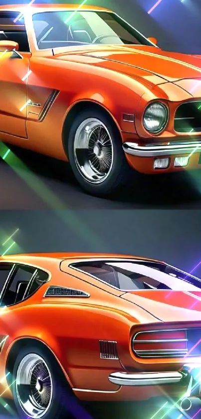 Bright orange vintage sports car on display.