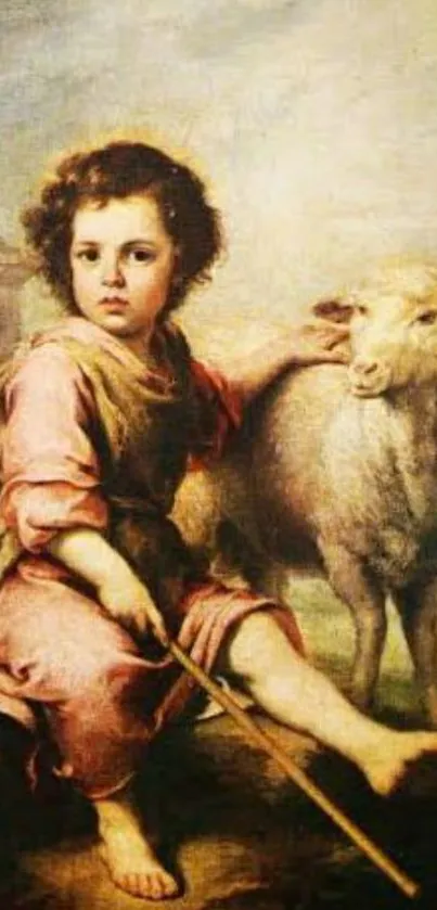 Young shepherd with sheep in vintage art wallpaper.