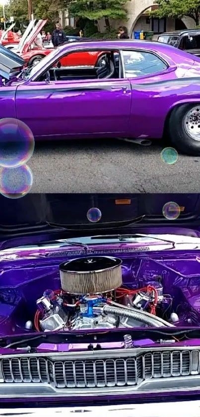 Purple vintage muscle car with exposed engine and classic design.