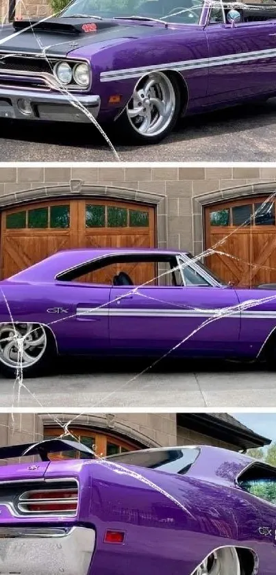 Vintage purple muscle car in driveway as mobile wallpaper.