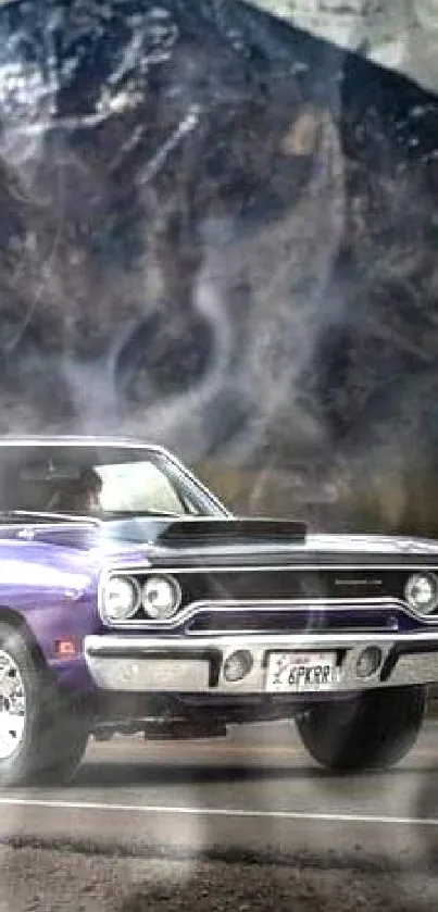 Purple classic muscle car with mountain backdrop wallpaper.