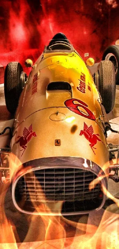 Vintage red and yellow racing car in a vibrant wallpaper.