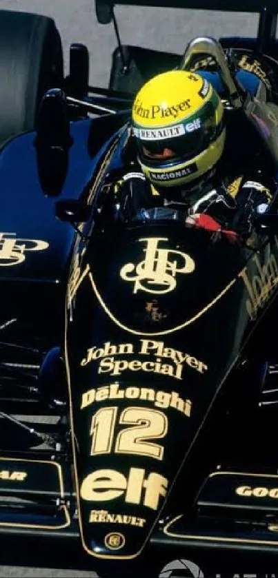 Classic black Formula 1 car with vintage decals.