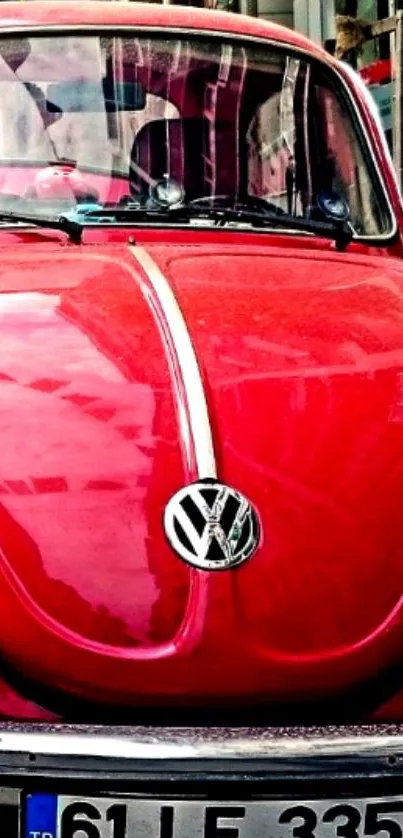 Red vintage Volkswagen Beetle parked in an urban setting with classic design elements.