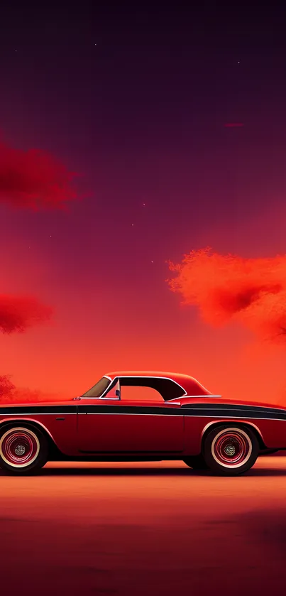 Classic red car under a vibrant sunset sky with trees.