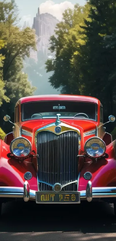 Vintage red car on forest road mobile wallpaper.