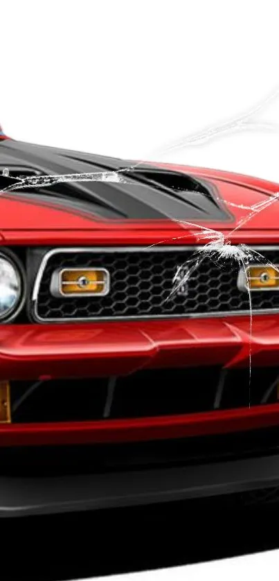 A dynamic and stylish red classic car with a cracked windshield.