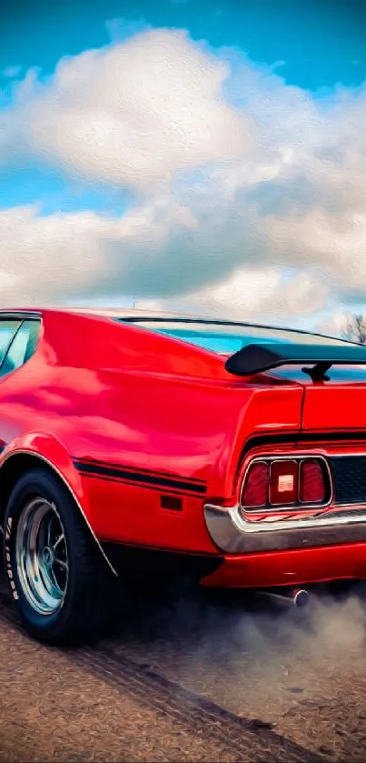 Vibrant red muscle car on open road under clear sky.