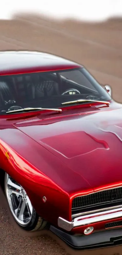 Vibrant red muscle car on highway, sleek design.
