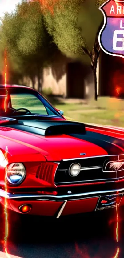 Classic red Mustang on Route 66 with fiery effects.