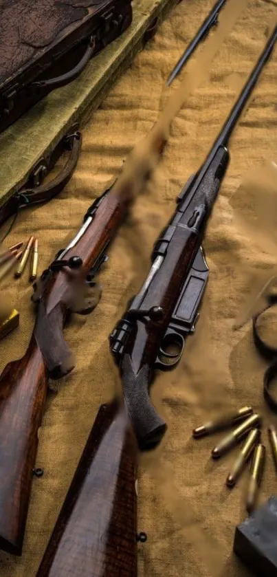 Vintage wooden rifles and ammo on display rug.