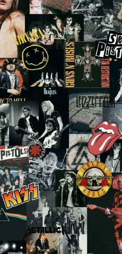 Collage of legendary rock bands mobile wallpaper featuring vibrant logos and images.