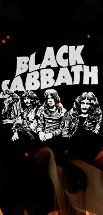 Black Sabbath band illustration in black and white for mobile wallpaper.