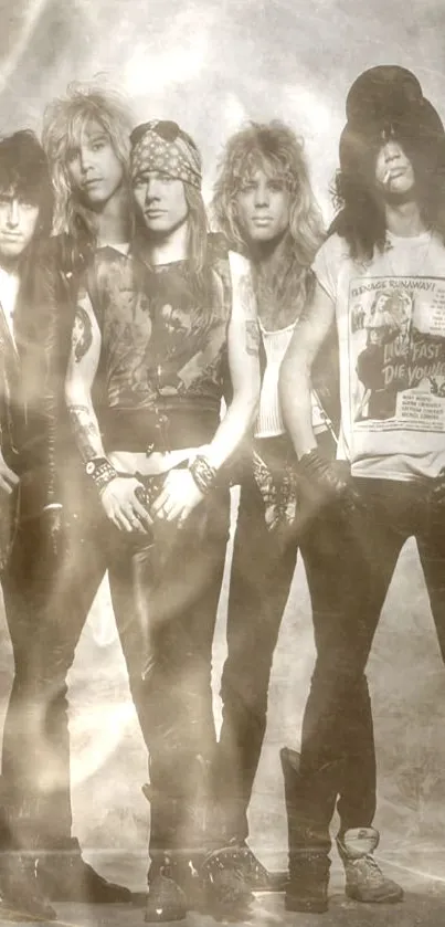 Classic sepia-toned wallpaper of a vintage rock band group photo.