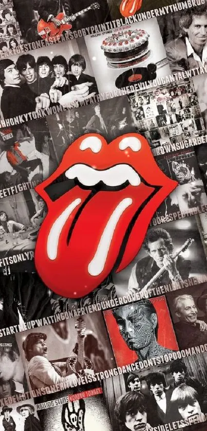 Red tongue logo amidst rock album collage wallpaper.